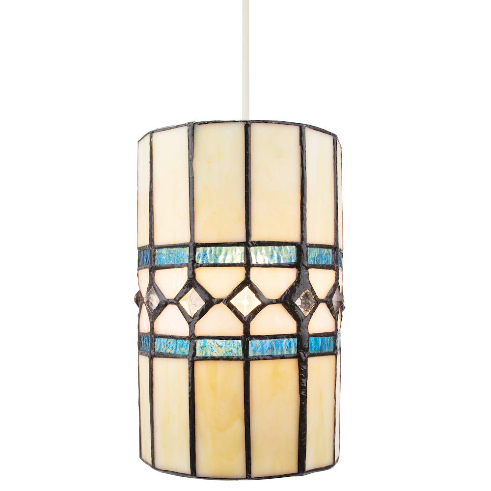 Stylish Light Amber Glass Circular Tiffany Pendant Light Shade with Beautiful Teal Strips and Diamond Shaped Decor | 21cm x 12cm | 40w Maximum by Happy Homewares