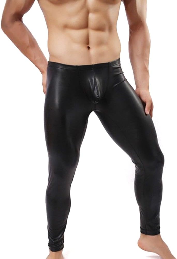 YOUMU Mens Leather Look Black Stretchy Pants Metallic Shiny Leggings Meggings New Slim