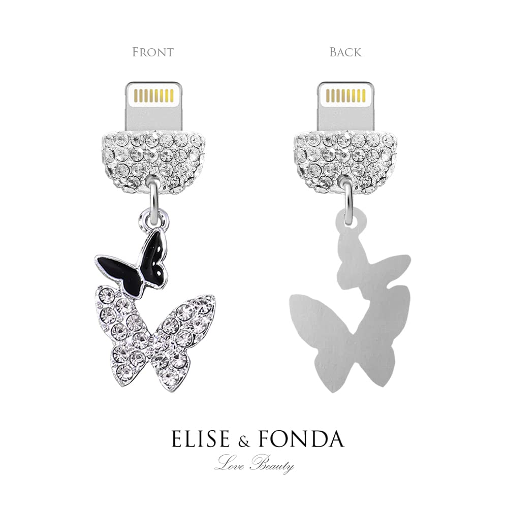 CP553 USB Charging Port Crystal Anti Dust Plug Little Butterfly Phone Charm for iPhone 13/12/11/ XS MAX/XR/X/8 Plus/7/6S/8/SE iPad iPod (Black & White)