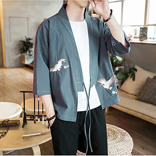 Tomppy Men's Japanese Kimono Cardigan Jacket Yukata Casual 3/4 Sleeve Crane Printed Open Front Cloak Coat Blue