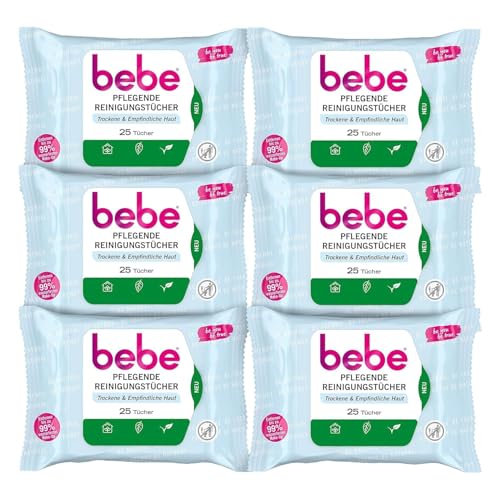 bebe Pflegende Reinigungstücher (6 x 25 Tücher) mit Kokoswasser, besonders milde Abschminktücher aus Fasern 100% pflanzlichen Ursprungs für trockene &