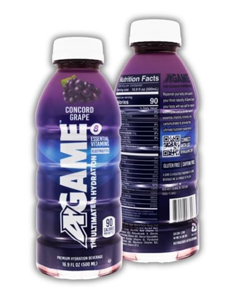 A-GAME SPORTS DRINK, CONCORD GRAPE, THE ULTIMATE HYDRATION SPORTS BEVERAGE FOR ATHLETES, 8 ESSENTIAL VITAMINS INCLUDING B, C, & E PLUS NATURAL SEA SALT ELECTROLYTES, ALL NATURAL FLAVORS & SWEETENERS, GLUTEN FREE, 16 FL OZ (PACK OF 12)