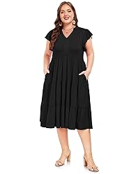 Moon Wood Womens Plus Size V Neck Ruffle Midi Dress