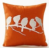 Birds in Tree Branch Orange Ground Cotton Linen Throw Pillow Case Cushion Cover Home Office Sofa Car Indoor Decorative Square 18 X 18 Inches