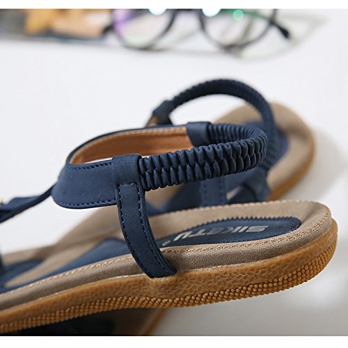 DolphinGirl Bohemian Simple T-Strap Summer Vacation Flat Thong Sandals, Navy Blue Herringbone Glitter Shiny Golden Metal Shoes for Dressy Casual Jeans Daily Wear and Beach Vacation