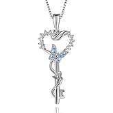 VANLAMS S925 Sterling Silver Angel Wings Necklace for Women, Love Heart Pendant with Butterfly Key - Birthday Gifts