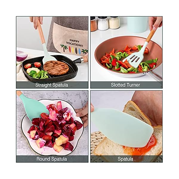 Kitchen-Utensils-Set-9-Pcs-Non-Stick-Silicone-Cooking-Kitchen-Utensils-Spatula-Set-with-Holder-Wooden-Handle-Heat-Resistant-Silicone-Kitchen-Gadgets-Utensil-Set-Green Silicone Kitchen Utensil Set, 9 Pcs Non-Stick Cooking Kitchen Utensils Spatula Set with Holder, Wooden Handle Heat…