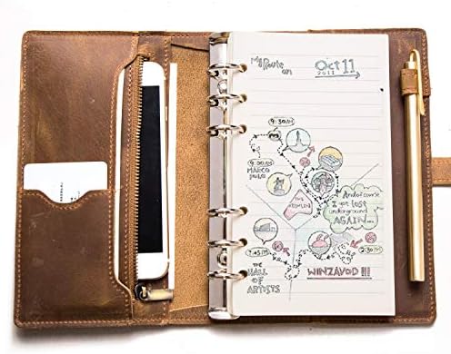6-Ring Travel Notebooks and Journals with Copper Pen, Vintage Crazy Horse Leather Notebook & Diary Sketchbook, Birthday Gift for Womens Mens (Brown, A6)