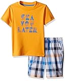 Nautica Little Boys' Two Piece Set with Crew Neck Graphic Tee and Pull on Short, Orange Plaid, L(7)