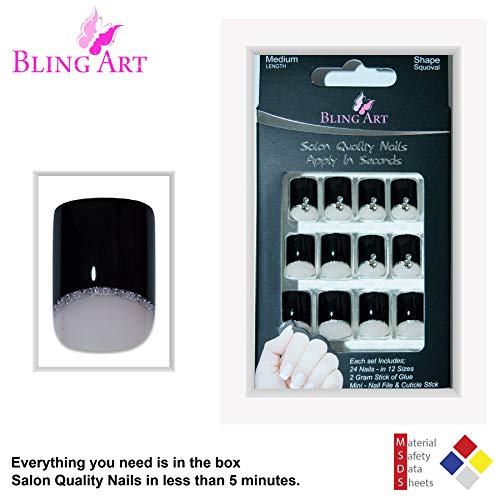 False Nails by Bling Art Black Glitter French Manicure Fake Medium Tips with Glue