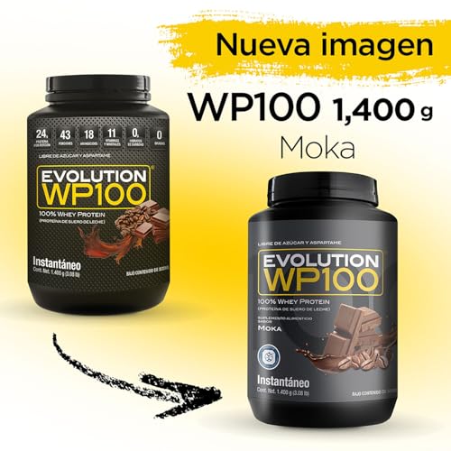 EVOLUTION, Proteína de Suero de Leche, WP100, Whey Protein, 18 Aminoácidos, Sin Gluten, Sugar Free, Post Workout, Sabor Moka, 43 Porciones, 1400g