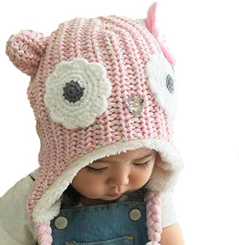 Cute Winter Warm Hats For Girls, Soft Kids Toddlers Ear Flap Crochet Beanie Hat (L(50-52CM) 3~5 Years, Pink Owl)