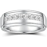 2.1 Carats 7 Stone Princess Cut Moissanite Rings for Men Women Moissanite Eternity Wedding Band Ring D Color VVS1 Moissanite Channel Set, Sterling Silver with 18K White Gold Plated Men Moissanite Ring
