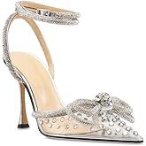 MissHeel Clear Rhinestone Ankle Strap Pumps Heels with Crystal Double Bows 3 inch