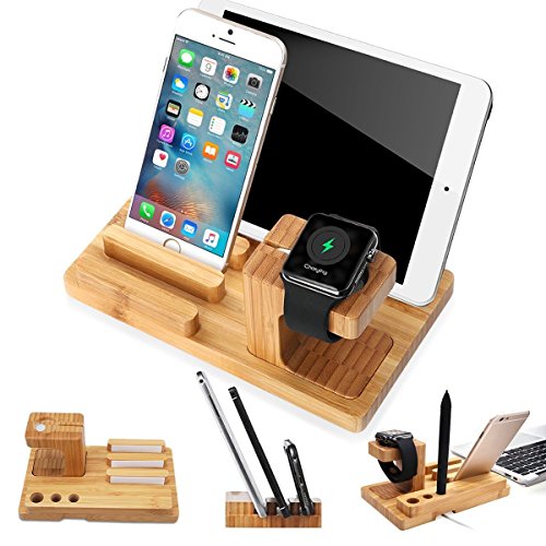 Apple Watch Stand, MOOZO Bamboo Wood Multi-Device Desktop Charging Dock Station Charger Holder Cradle for iPhone 7 6 6S Plus Samsung Galaxy S8 S7 S6 Edge iWatch Smartphone Tablet (Bamboo Wood)
