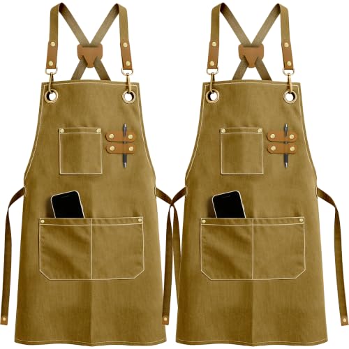 Delantales de cocina 2 piezas para mujer y hombre, mandiles ajustables con tirantes cruzados, 3 bolsillos, resistentes a salpicaduras, ideales para cocinar, barbacoa, hornear y jardinería, Café