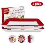 Cadrim Food Preservation Tray, Stackable BPA Free Plastic Food Storage Container with Elastic Reusable Locking Lid for Refrigerator and Freezer Flat Food ONLY (Red, Square, 2 Pack)