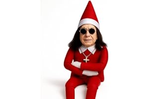 Rock Star Elf Doll with Sunglasses, Red Santa Outfit & Cross Pendant – Funny Christmas Shelf Decor, Holiday Gag Gift