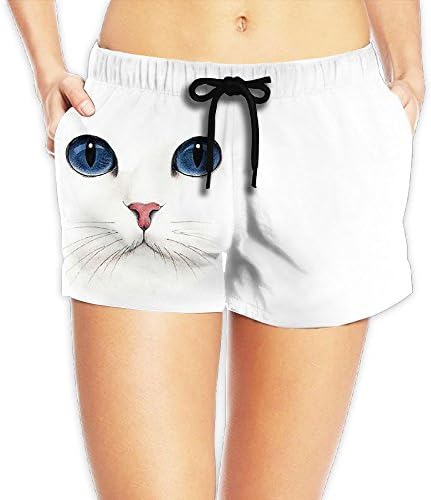 Women's Shorts White Cat Printed Casual Sport Waistband Swimsuit Tankini Mesh Swimming Summer Bottom Boardshorts