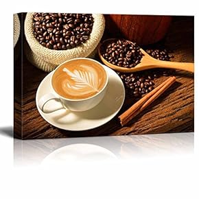 Canvas Prints Wall Art - a Cup of Cafe Latte and Coffee Beans | Modern Wall Decor/Home Art Stretched Gallery Canvas Wraps Giclee Print & Ready to Hang - 12" x 18"
