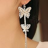 Double Layers Butterfly Rhinestone Long Tassels Hook Linear Earrings Women's New