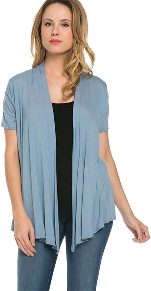 Viosi Women's Short Sleeve Draped Open Front Cardigan (Medium, Blue