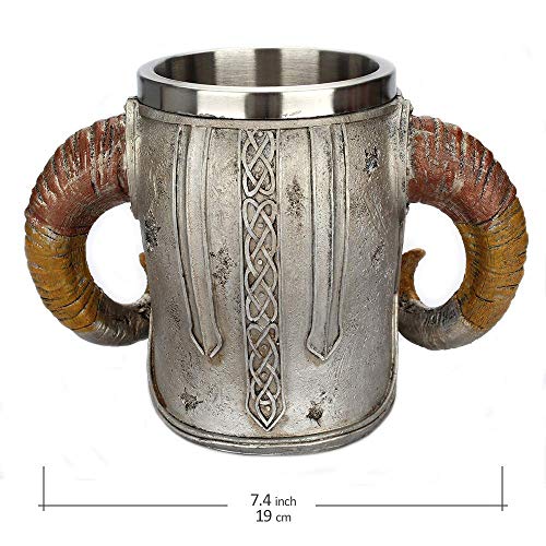 Taisuko mittelalterlicher Becher, Edelstahl-Widder Gehörnter Wikinger-Pirat gotischer Tankard-Becher, mittelalterlicher Skelett-Krug Stein für Bier Wein Kaffee Rum Trinkwasser - 500 ml (17 Unzen) – Bild 8