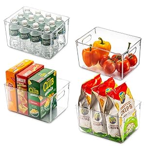 Set Of 4 Clear Pantry Organizer Bins Household Plastic Food Storage Basket with Cutout Handles for Kitchen, Countertops…