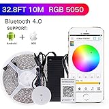 Sanwo 32.8ft App LED Lights Strip Kit with 24V Power Adapter Bluetooth Controller, Strip Light Fixing Clips, Waterproof 5050 RGB 600LEDS Multicolored Supply for Home&Kicthen, IOS Android