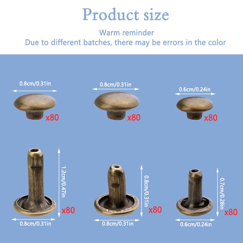 TLKKUE 240 Sets Rivets for Leather, Leather Rivets 3 Sizes Leather Double Cap Rivets for DIY Leather Craft, Bags/Clothes/Shoes/Belts Decoration or Repair (Bronze)