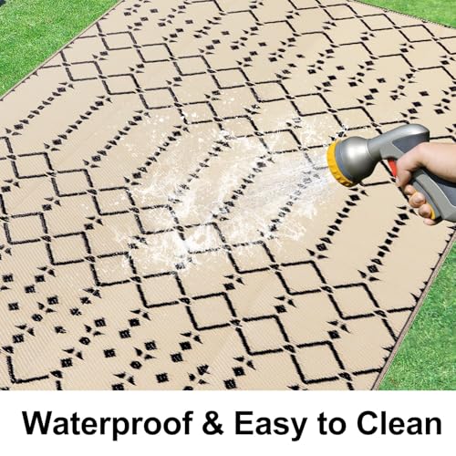 Homaxy Outdoor Rug Weatherproof 120 x 180 cm, Both Sides Usable, Waterproof, Bohemian Carpet for Patio, Garden, Balcony, Camping, Picnic, Beige