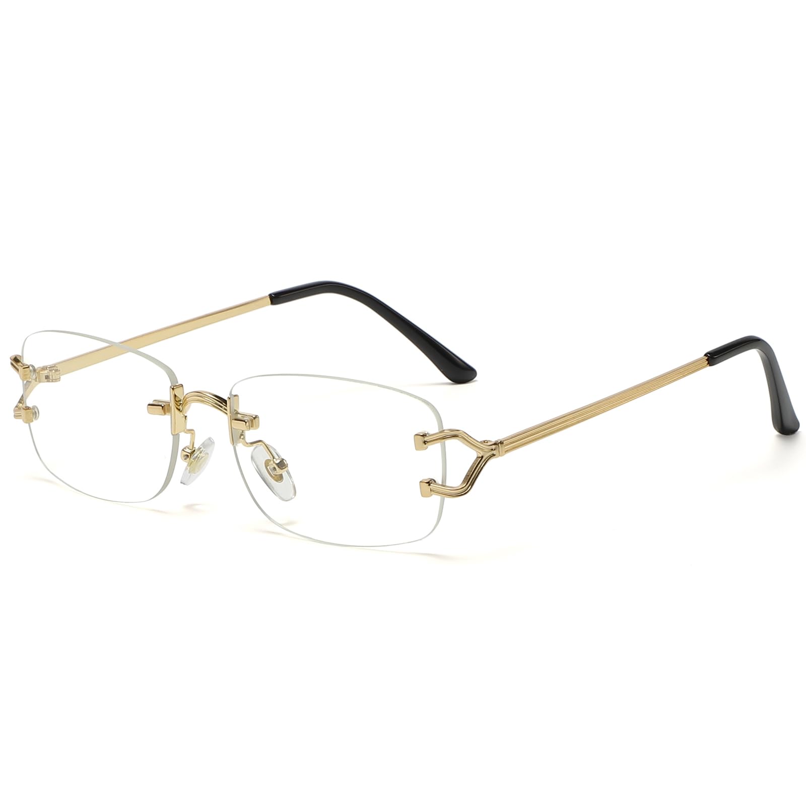 Photo 1 of FLJMRAVER Rimless Sunglasses for Men Women Trendy Small Narrow Rectangle Metal Frame Sun Glasses Shades 90s Eyewear(Gold/Transparent)