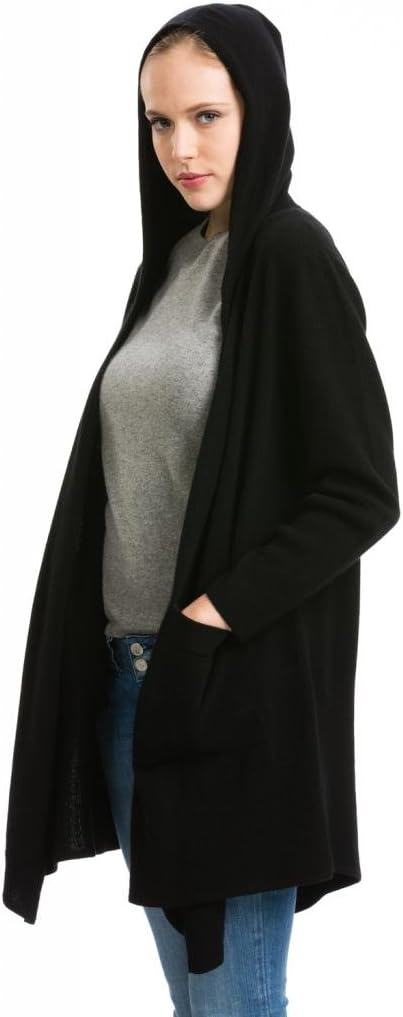 Citizen CashmereOpen Front Long Cardigan with Hood for Women - 100% Cashmere Long Sleeve Side Pocket Mid Length
