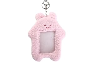 ZGLUZP Pink Cute Plush Photocard Holder with Keychain, Cute Photocard Holder Cartoon Bear Rabbit Cat Photo Sleeve Cartoon Plush Photo Sleeve Protective Case Photo Albums Accessories