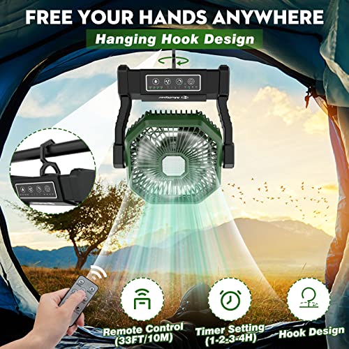 Multper Camping Fan with LED Light, Rechargeable for Outdoor Camping Tent with Hook and Remote, Powerful 4 Speed USB Desk Fan for Fishing, Power Outage, Picnic