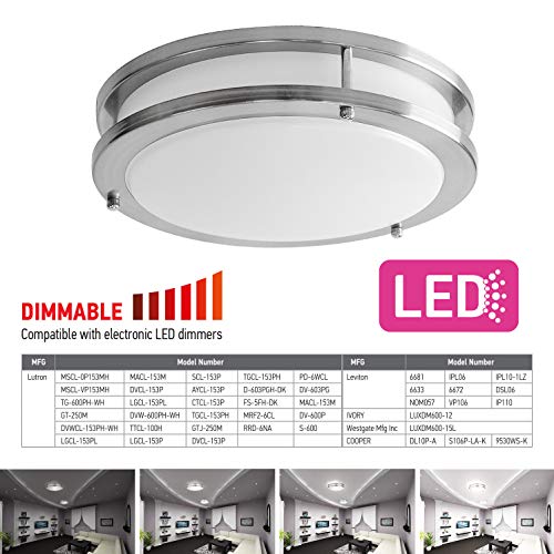 OSTWIN 12-inch Small size LED Ceiling Light Fixture Flush Mount, Dimmable, Round 15 Watt (75W Repl) 5000K Daylight, 1050 Lm, Nickel Finish with Acrylic shade (4 Pack) UL and ENERGY STAR listed