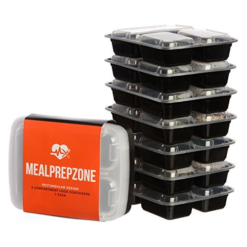 Meal Prep Zone 3 Compartment Food Storage Containers with Lids, Set of 7