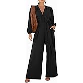 CHICME Womens Elegant Long Puff Sleeve Jumpsuit Deep V Neck Tie Waist Casual Wide Leg Pants Romper with Pockets
