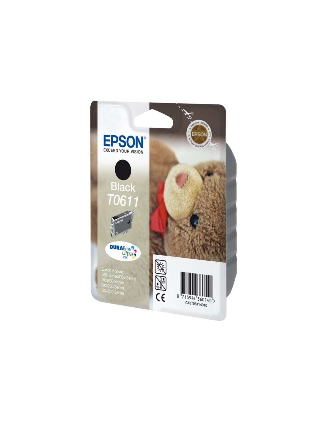 Epson T0611, Print Cartridge, 1 x Pigmented Black, 250 Pages, Blister with RF Alarm, Genuine