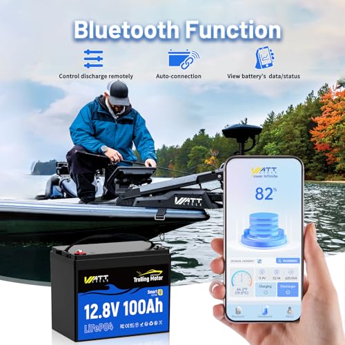 WattCycle 12V 100Ah Trolling Motor Lithium Battery with Bluetooth, IP67 Waterproof Marine LiFePO4, 120A BMS (1536W), Group 24 Drop-in Replacement, 23lbs Deep Cycle Power for Boat, Kayak, Fish Finde