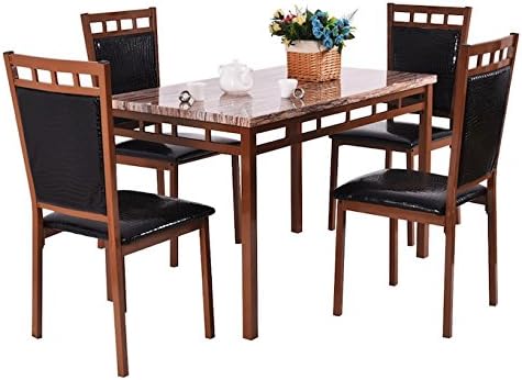 Brown 5 PCS Dining Set With 4 Armless PU Leather Cushion Chairs Faux Marble Table Top Dinning Room Kitchen Home Décor Furniture Breakfast Lunch Dinner Restaurant Coffee Shop Marbling Surface