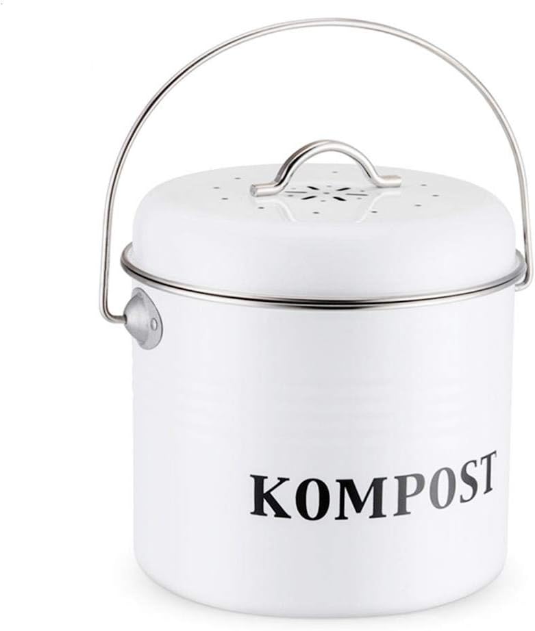 chinejaper 5L Metal Kitchen Compost Bin, Retro Kitchen Bucket With Lid Trash Can Charcoal Filter Bucket