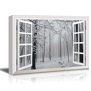 Modern White Window Looking Out Into a Snowed in Tree Forest - Canvas Art Home Art - 24x36 inches