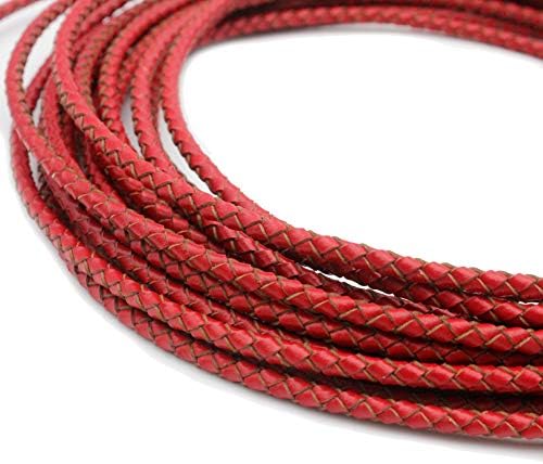 5 Yards 3mm Braided Leather Strap Round Folded Leather Cord Bracelet Necklace Making Bolo Tie (Red)