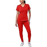 Adar Pro Athletic Scrubs Set For Women - Stretch V-Neck Scrub Top & Yoga Jogger Cargo Scrub Pants, 10 Pockets
