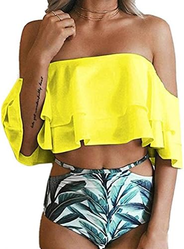 ZIKKER Women Off Shoulder Two Piece Swimsuit Bikini Solid Color Top with Printed Bottoms Tankini Set Yellow XXL