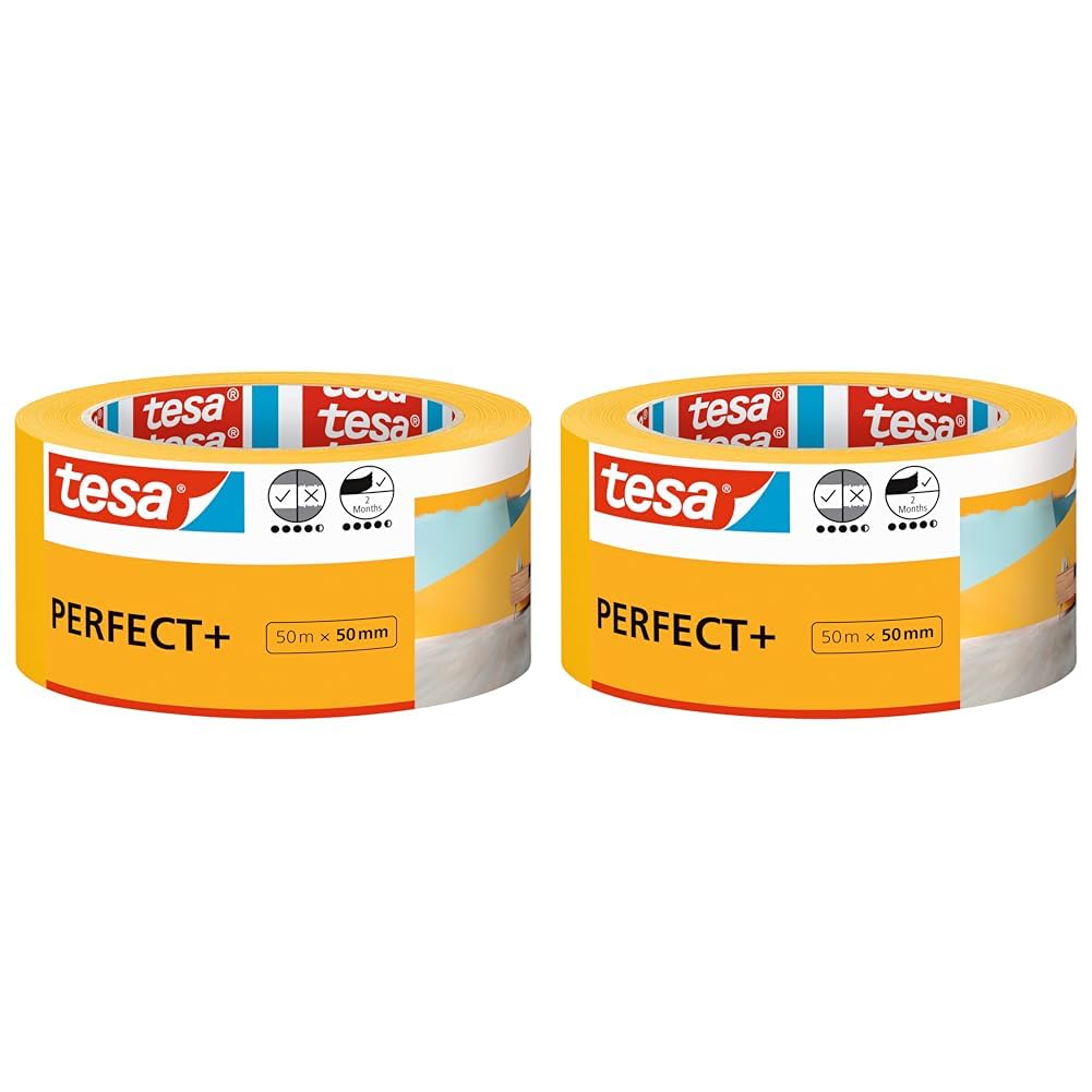 tesa Masking Tape Perfect+ - Painter's tape made of thin Washi paper for precise masking during painting work - for indoor use - 50 m x 50 mm (Pack of 2)