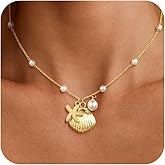 Picuzzy 14K Gold Plated Seashell Starfish Pendant Necklace for Women Trendy, Sea Star Fish Shell Beach Necklace Ocean Coastal Summer Vacation Pearl Jewelry Accessories for Women