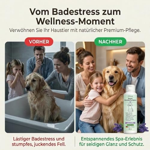 Premium Neem Dog Shampoo for Dogs 250 ml - With Neem Oil & Lavandin Oil - Supports Itching, Mites, Fleas & Ticks - Skin-friendly, Nourishing & Easy to Comb - For Natural Grooming