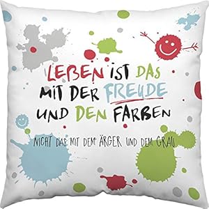 Polyester , H:)PPY life 45359 Baumwoll-Kissen mit Spruch Leben ist das mit der Freude, 40 cm x 40 cm, bunt